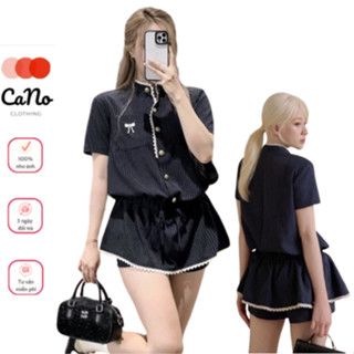 Set Váy Jumpsuit Nữ Tiểu Thư Cổ Tàu Đầm Xinh Phối Ren Kẻ Xanh Than Thêu Nơ Túi Xanh Đen Sọc Trắng Công Chúa CANO