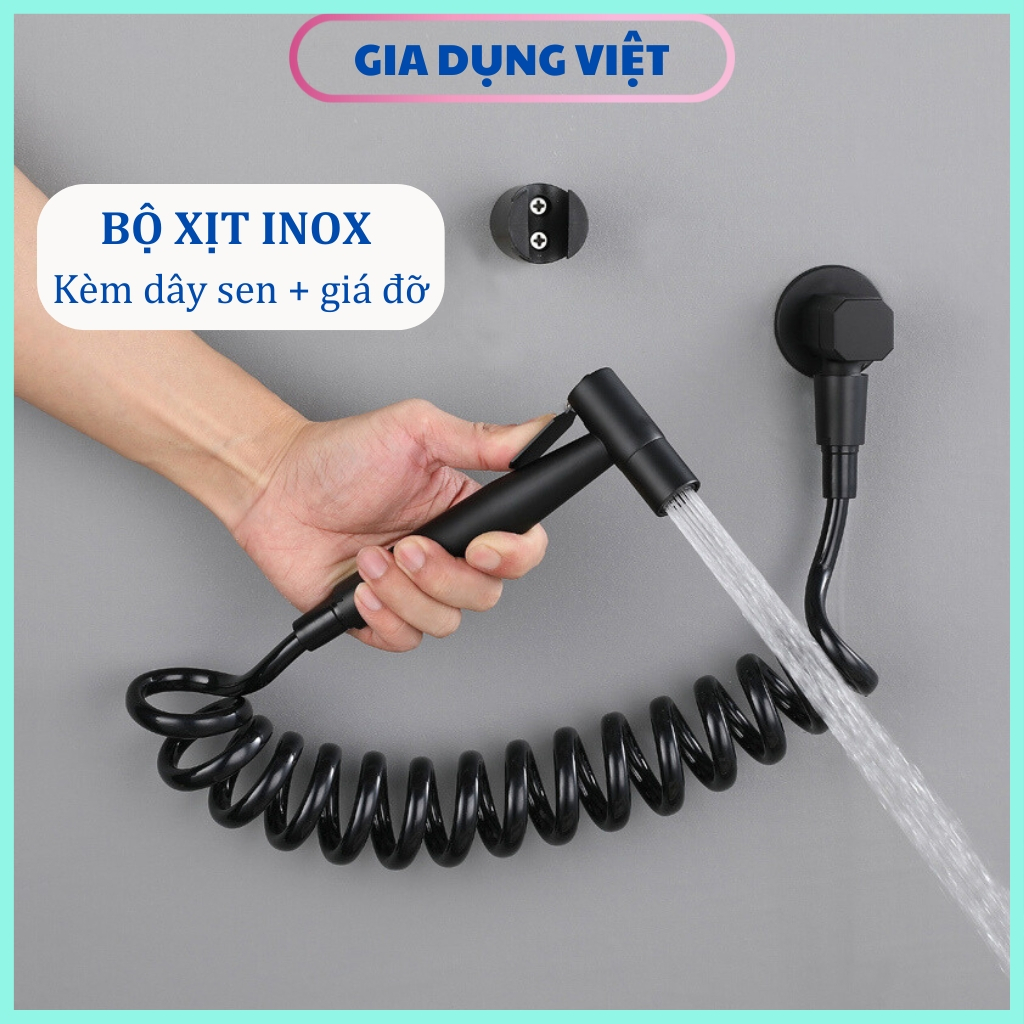 Bộ vòi xịt vệ sinh, vòi xịt bồn cầu inox 304 mạ sơn tĩnh điện màu đen cao cấp, dây sen đen 1,5m, cài