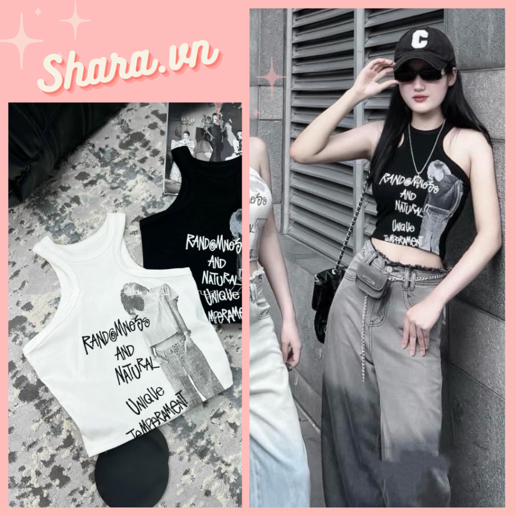 Áo ba lỗ sát nách croptop dáng ngắn body họa tiết in hình Sharra SR1181 KT Áo thun nữ sát nách cổ tròn 2 màu sexy cátính