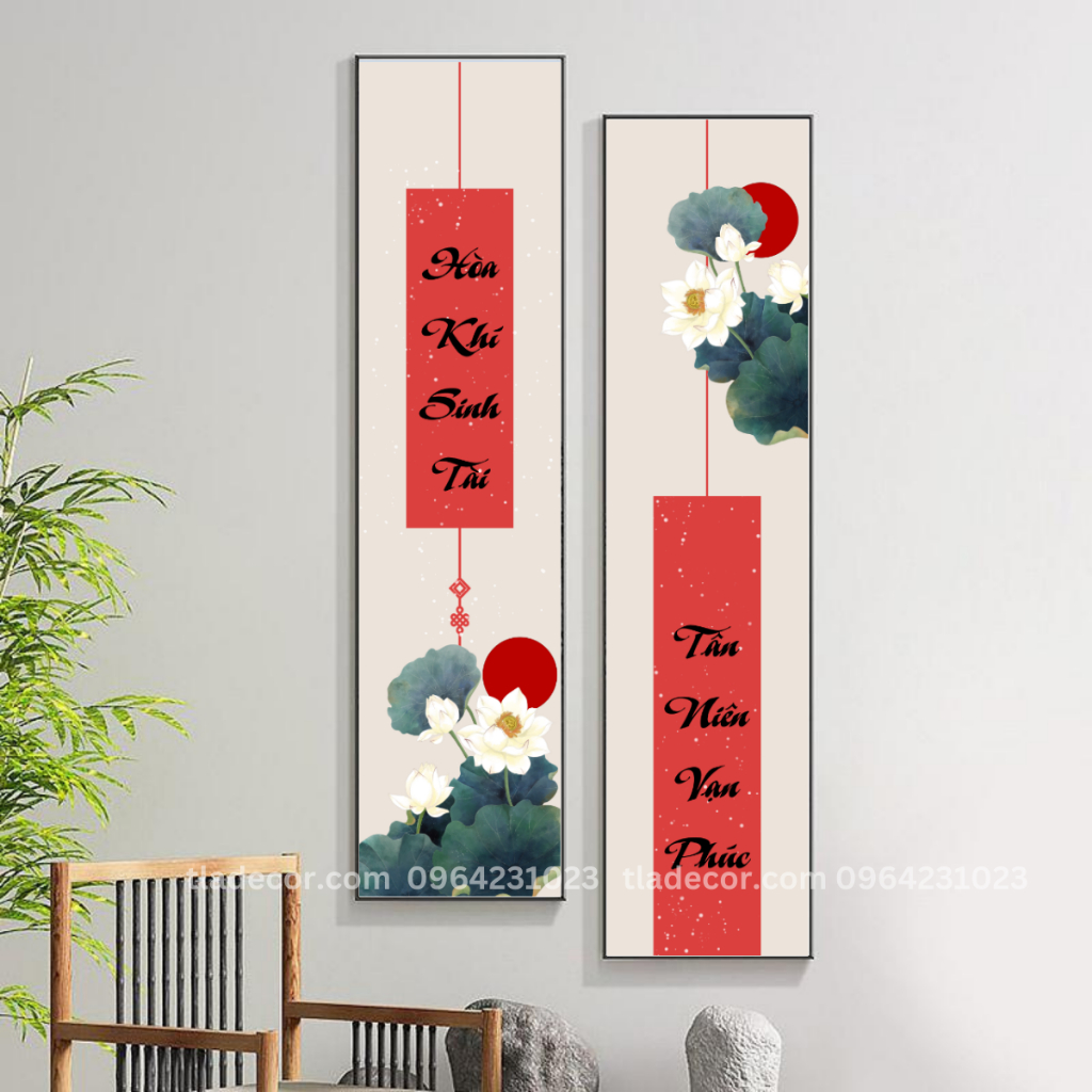 Tranh treo tường hoa sen thư pháp câu đối tết ý nghĩa, tranh canvas treo tường phòng khách, tranh câ