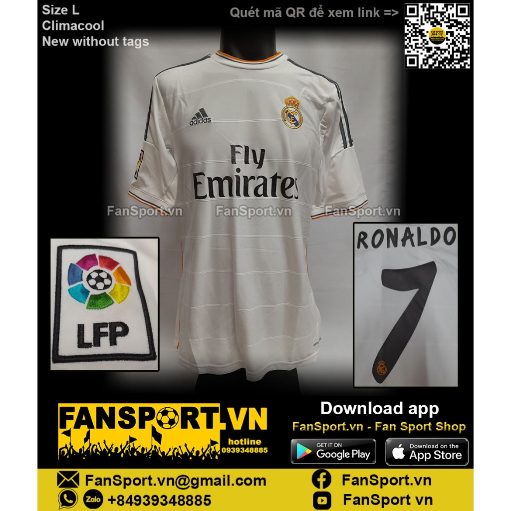 Áo đấu cầu thủ bóng đá Cristiano Ronaldo 7 Real Madrid 2013 2014 home shirt jersey Z29356 chính hãng size L quà tặng