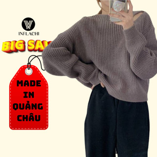 Áo len nữ khoét vai dài tay dáng rộng INFLACHI thiết kế vintage màu basic dễ phối đồ M133 N-2