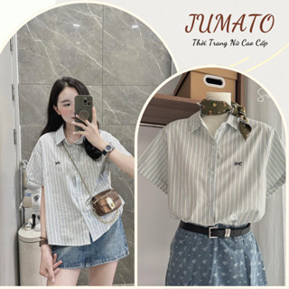 Áo Sơ Mi Nữ Tay Ngắn Kẻ Sọc Thêu Nơ Jumato – Phong Cách Hàn Quốc Trẻ Trung, Thanh Lịch | HCOM2677