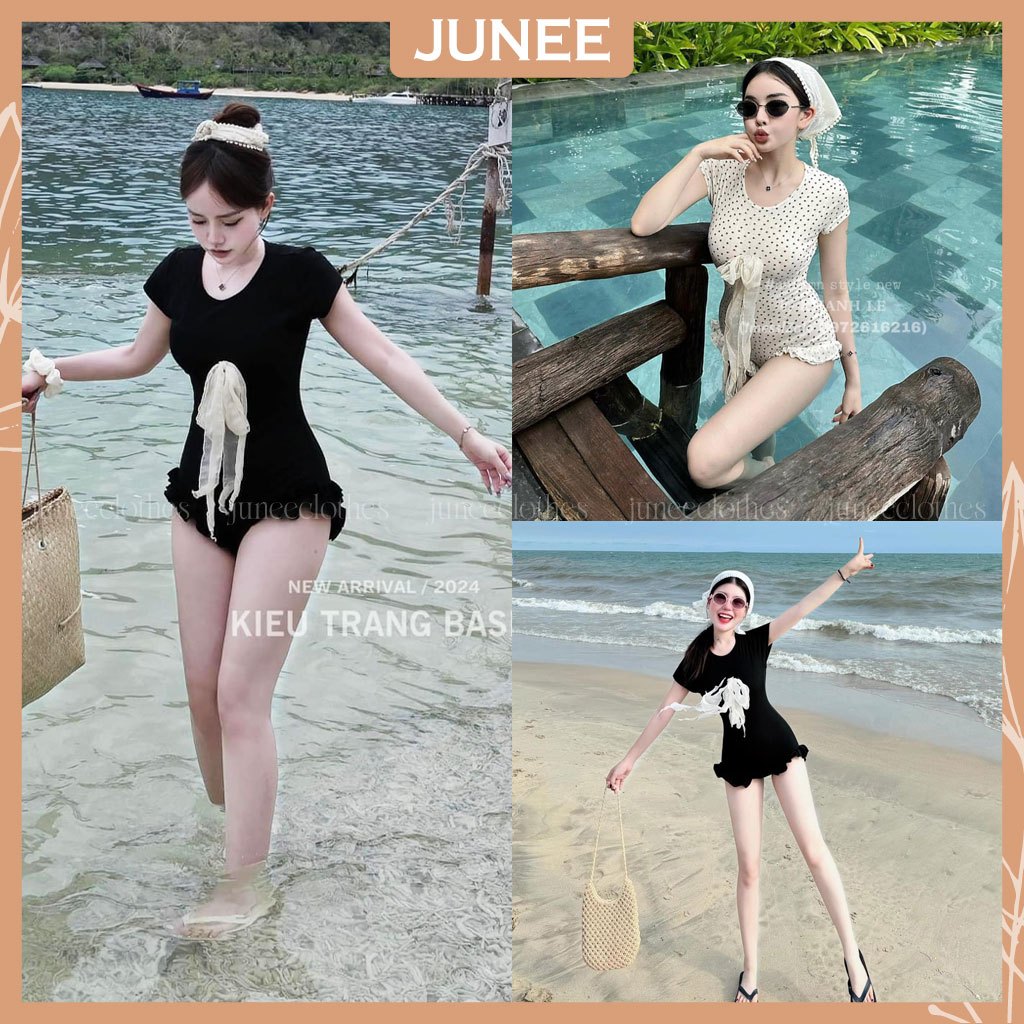 Bikini Swimsuit Ngắn Tay Dáng Đùi Đính Nơ Ngực Ren Lụa Ôm Body Phối Ống Sum Ren Đầm Nữ Đi Biển Kín Đáo Có Khóa Lưng | BigBuy360 - bigbuy360.vn
