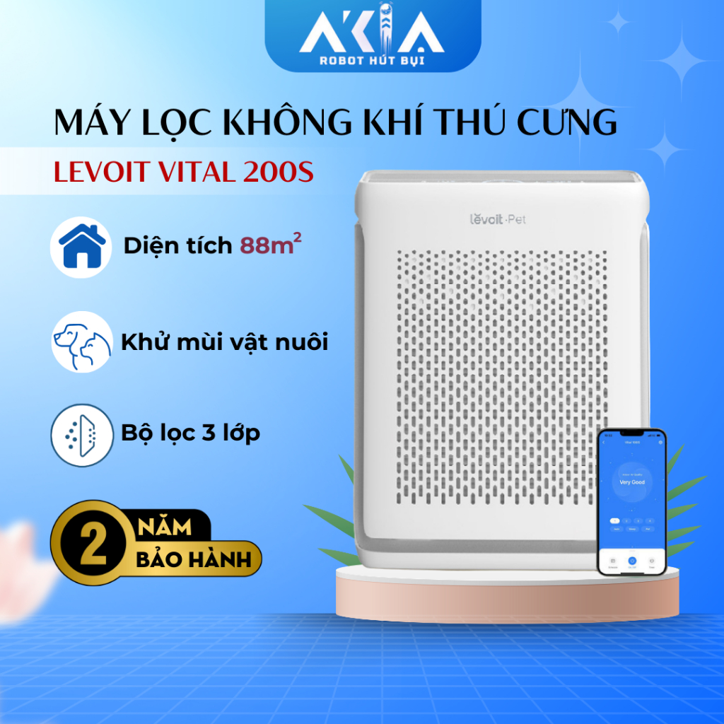 Máy lọc không khí Levoit Vital 200S - Dùng cho thú cưng, Diện tích 88m2, Lõi lọc 3 lớp - BH 2 năm