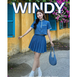 Set đồ nữ Áo sơ mi Windy Top croptop cổ trụ kẹp ren AVND062404,Váy Windy Skirt xếp ly dáng ngắn VVND062404