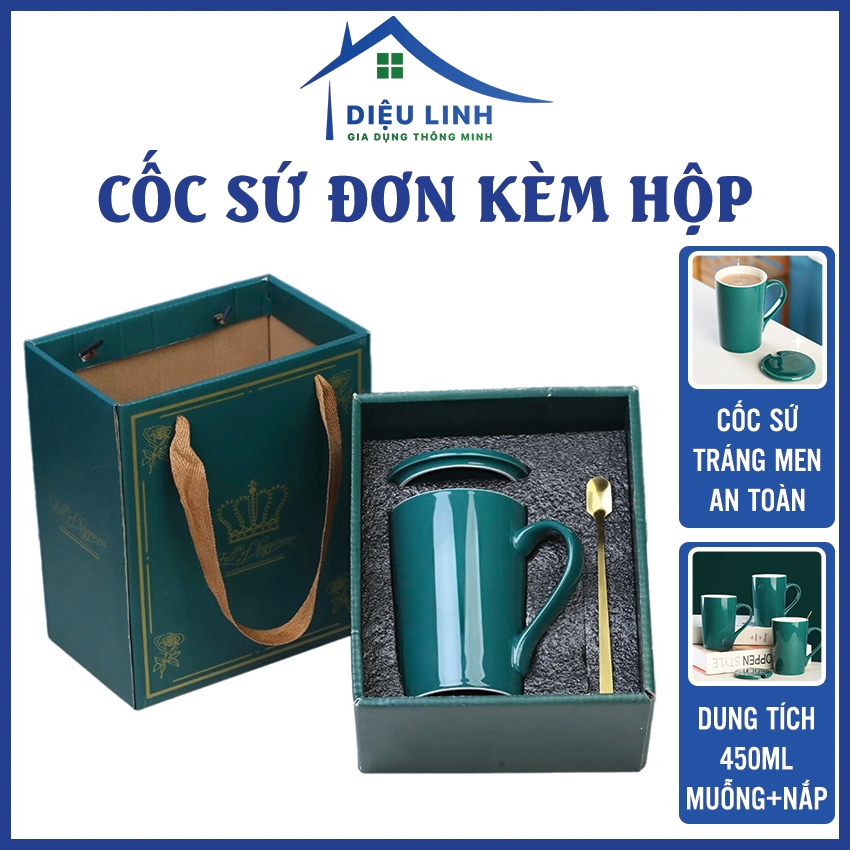  Ly sứ màu xanh 450ml cốc sứ cốc uống nước có nắp đậy làm quà tặng nắp muỗng Dieulinhshop 