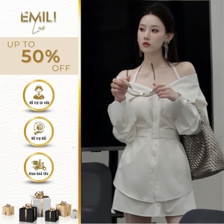Đầm lụa trễ vai công sở Emili đầm sơ mi trễ vai dáng dài phong cách kiểu nữ