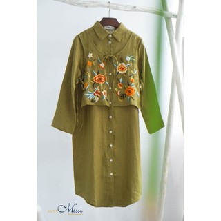 Đầm sơ mi MaxMessi Premium Collection linen tưng thêu tay thủ công cột dây Carina