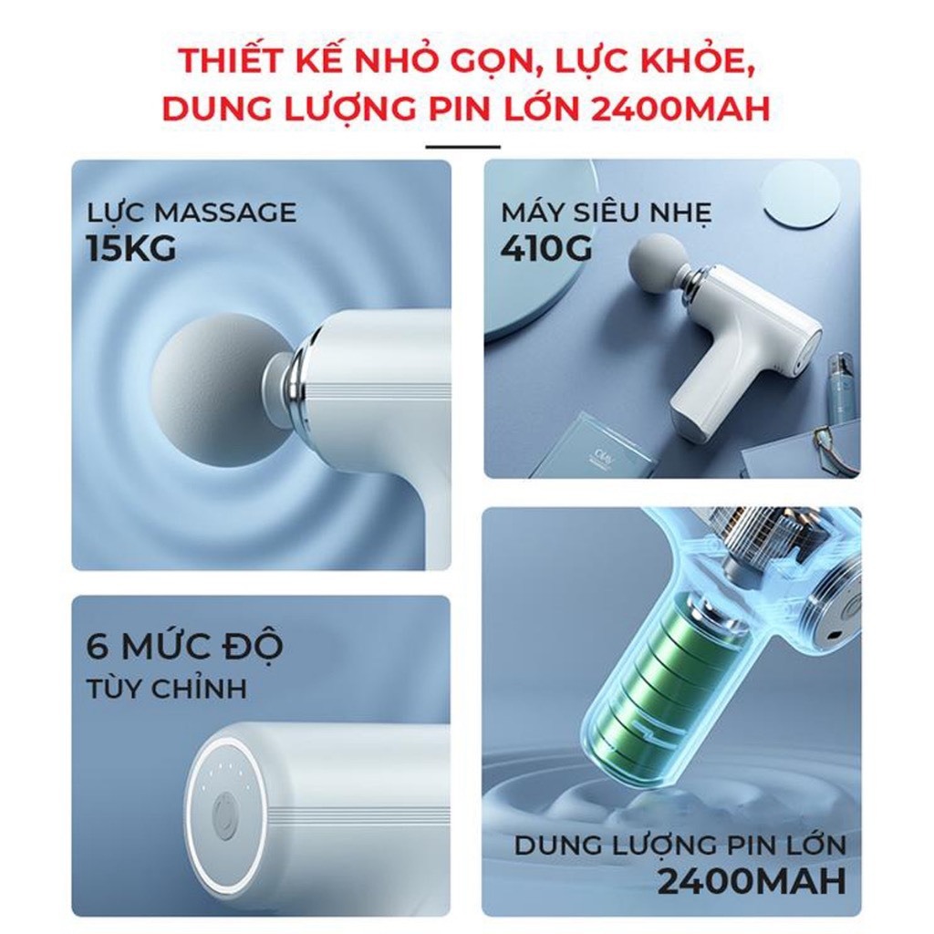 Máy Massage Cầm Tay Mini Sạc Pin 4 Đầu 6 Chế Độ Đấm Lưng Thông Minh Bằng Cảm Biến AI Điều Chỉnh Lực.