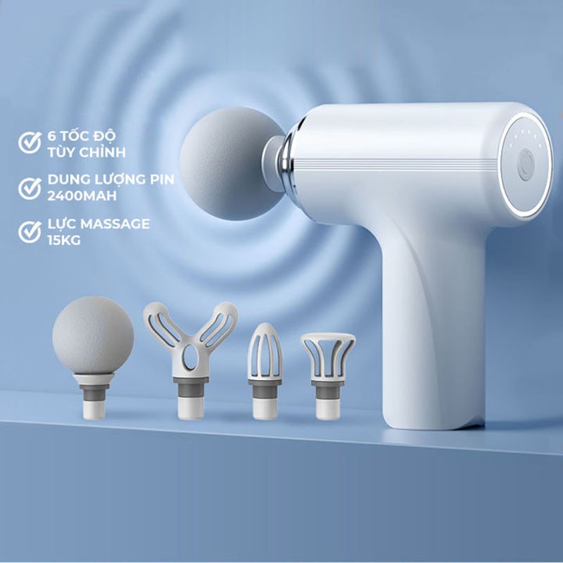 Máy Massage Cầm Tay Mini Sạc Pin 4 Đầu 6 Chế Độ Đấm Lưng Thông Minh Bằng Cảm Biến AI Điều Chỉnh Lực.