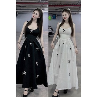 Đầm nhún dài xoè sát nách đính nơ (có bra) BC