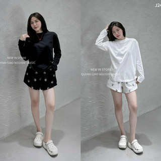 Set bộ áo dài tay trơn mix quần short chân cún cute