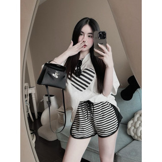 Set bộ tim sọc đen mix quần sooc phối viền xik đẹp