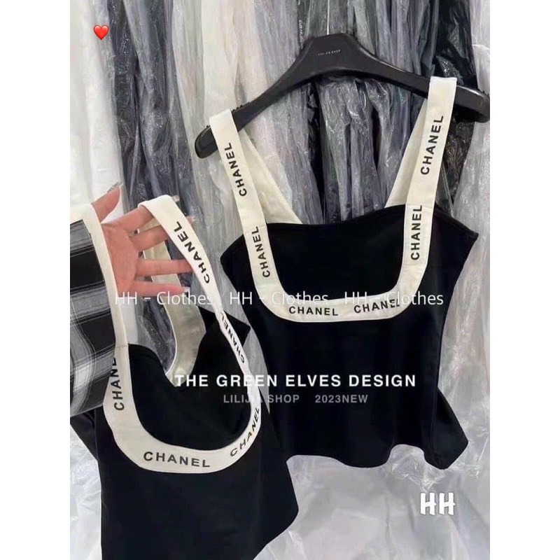 Áo kiểu 2 dây cổ U viền chữ hiệu cực xinh , chất thun bozip mềm mịn