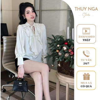 Áo sơ mi lụa thiết kế bèo sang chảnh,áo sơ mi lụa công sở phối viền bèo dài tay
