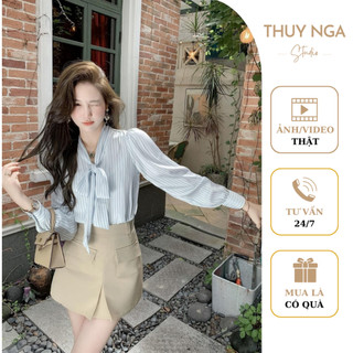 Áo sơ mi thiết kế kẻ sọc thắt nơ xinh xắn thời trang công sở thanh lịch