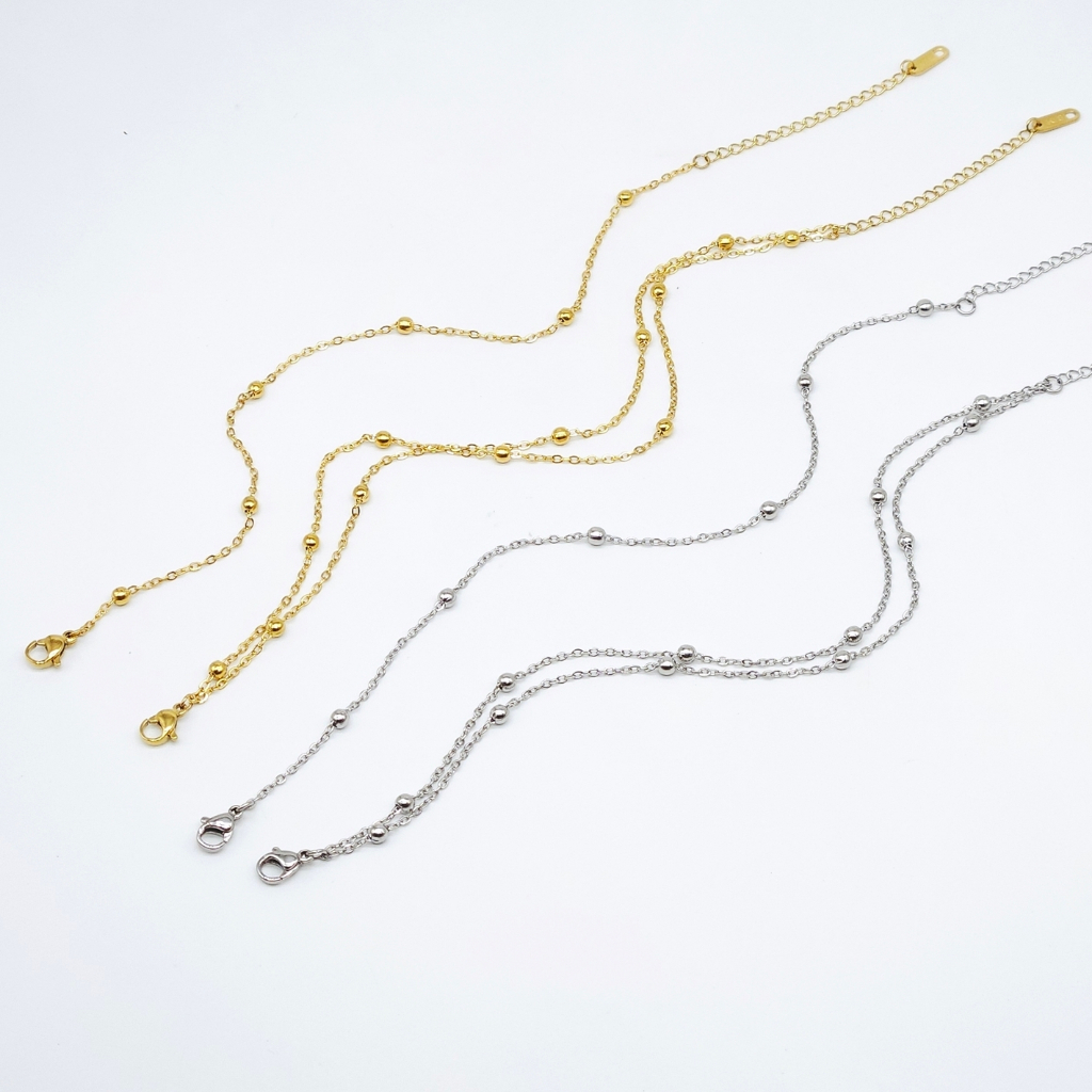 Lắc chân titan nữ đính hạt bi tròn dây đơn và dây đôi cá tính sáng màu không gỉ