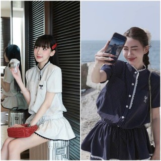 Set Bộ Áo Sơ Mi Sọc Nữ Có Đệm Vai Nơ Thêu Chân Váy Đầm Ngắn Xếp Ly lót trong Phối Ren Thích Hợp Đi Biển Chơi Top Women