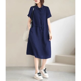 Đầm suông sơ mi dáng xòe rút eo túi ngực trẻ trung Larisrose, chất vải Linen bột Premium, form váy suông giấu bụng V23