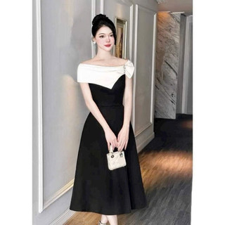 Váy trễ vai, đầm hở vai đen dáng xòe dài chữ A xẻ tà sang chảnh đi tiệc, đi chơi