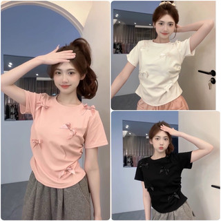 Áo Thun Nữ Dáng Vừa Gắn Nơ Chất Tăm Gân Dày Chun Eo Cách Điệu JUDIE.Closet
