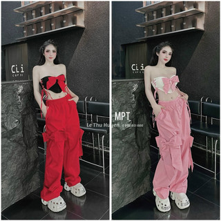 Set bộ thể thao áo quây nơ mix quần suông cá tính