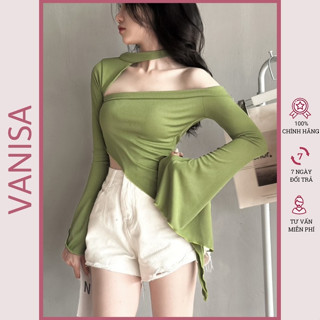  Áo kiểu trễ vai dài tay tua rua chòng cổ xanh trắng đen đẹp xinh CT018 