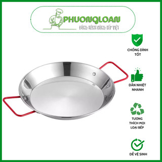 Chảo Iinox Hàn Quốc 2 quai đỏ trưng bày đồ ăn cao cấp size 20cm, 22cm, 24cm, 26cm, 28cm, 30cm, chảo decor
