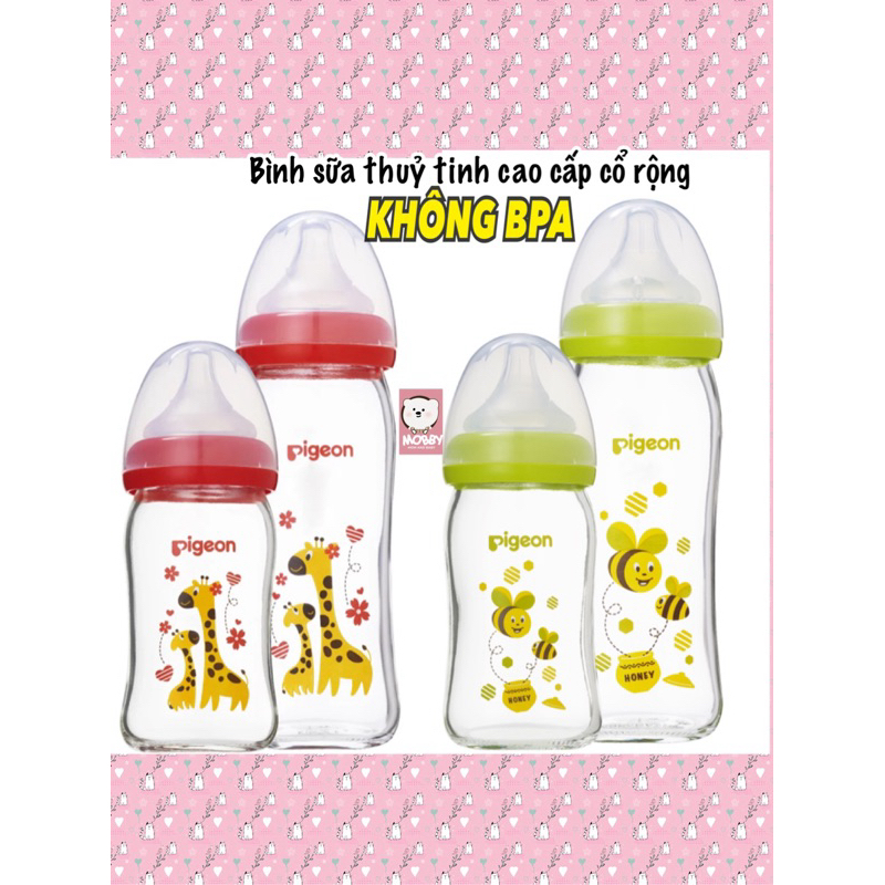 CHÍNH HÃNG Bình sữa thuỷ tinh cổ rộng Pigeon 160ml/240ml
