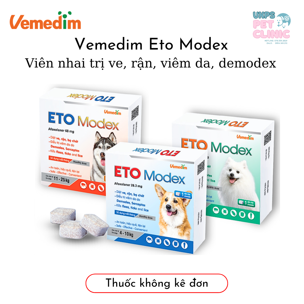 Vemedim Eto Modex Viên Nhai Diệt Ve, Rận, Viêm da Do Ký Sinh Trùng Demodex Dành Cho Chó
