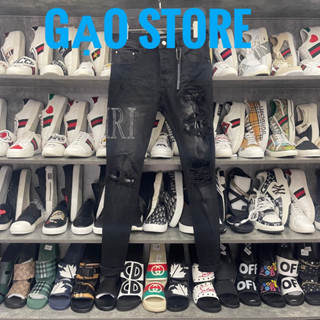 Quần jean bò nam Amiri skinny đen xám thêu chữ da đùi rách xù vá phối túi da 4 cúc chữ boy phố (12)