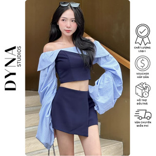 Set áo trễ vai phối tay dài kẻ sọc croptop 𝐀𝐒𝐇𝐘𝐋𝐄𝐘 kèm chân váy A phối vạt