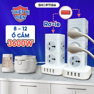 Ổ Cắm Điện Đa Năng SHOPTIDA T8 T12, 8-12 lổ cắm Chịu Tải 3600W Hình Tháp  Nhiều Tầng, Dây Dài 3-5m