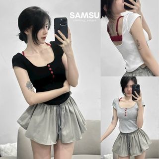 Áo thun nữ tay ngắn cổ vuông phối cúc kiểu màu đỏ hở lưng chất thun co dãn Samsu.clothing_saigon