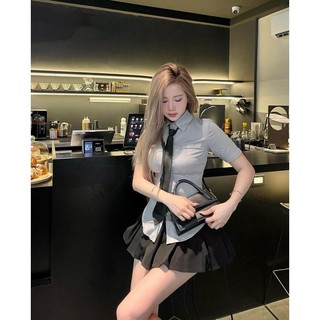BIGSIZE HIẾU HIẾU (55-95KG) - Set bộ thời trang nữ phong cách học sinh Áo sơ mi xám kèm cà vạt + Chân váy xếp li