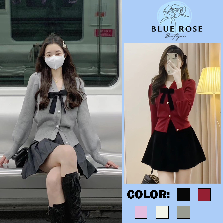 Set, Bộ Áo Thun Tăm Viền Khuy Vàng Mix Chân Váy Nhung Xếp Ly- Phong Cách Tiểu Thư Hàn Quốc Blue Rose Shop S1