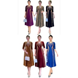 Đầm trung niên đi tiệc midi thun nhũ cổ viền đá phối viền dọc 2 bên thân áo gọn dáng size lớn 75kg, Đầm suông nhũ ngắn