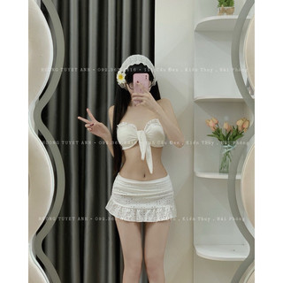 Set bikini 3 món áo cúp ngực buộc nơ , chân váy nhún bèo , quần chíp vải ren lỗ - Chuchaclothing