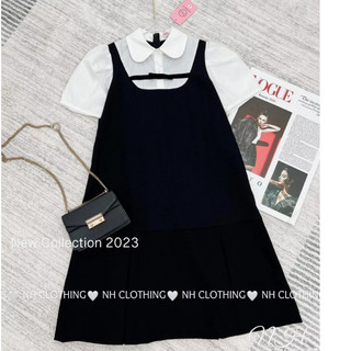 Váy suông đen phối sơ mi trắng nơ nhỏ, đầm babydol phối sơ mi bánh bèo