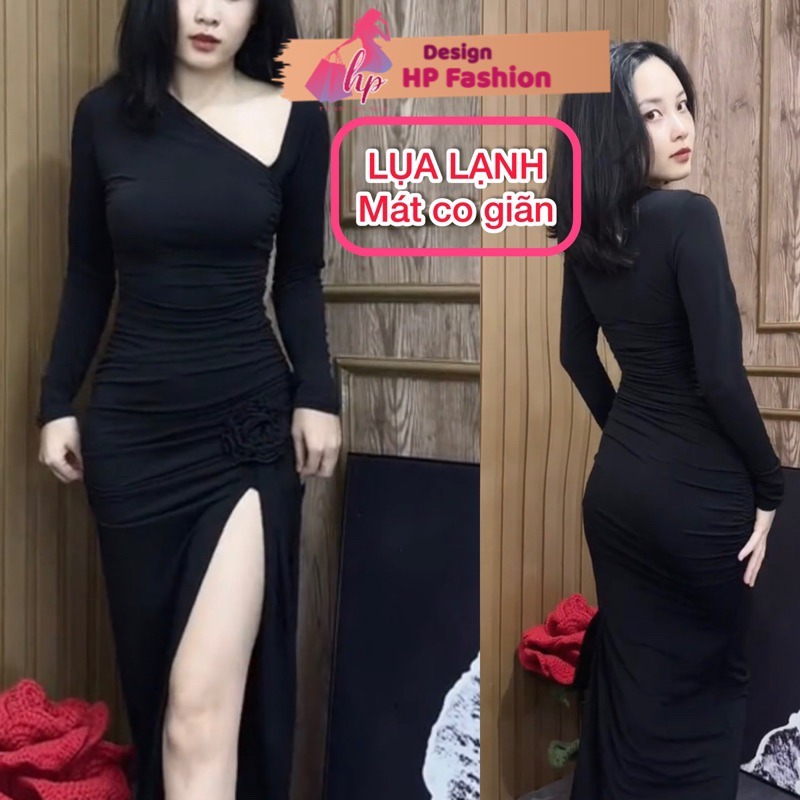 Đầm body dài tay xẻ tà nhúm eo 2 bên đính hoa dáng dài maxi, váy kiểu nữ màu đen thun lạnh mát cổ xẻ đi tiệc G718