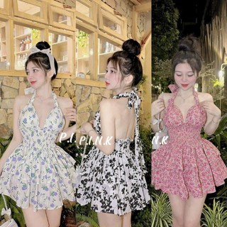[HÀNG THIẾT KẾ] Set đồ nữ đi biển áo cổ yếm buộc nơ nhún eo from xòe nữ tính chất voan tơ cao cấp họa tiết hoa nhí xinh