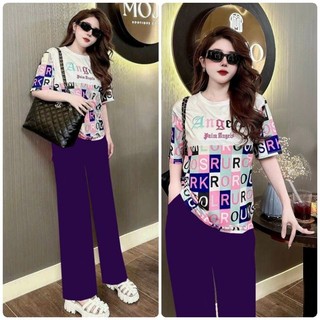 Bộ Đồ Dài Phom Rộng Áo Thun Lạnh In Thêu Chữ Angels Phối Quần Suông Ống Rộng Tím