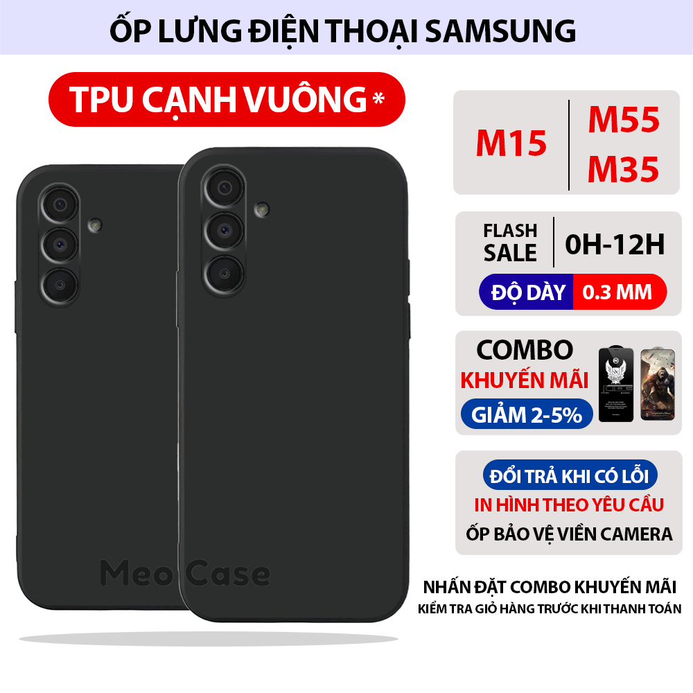 Ốp lưng samsung M15, samsung M55, samsung M35, TPU viền vuông, ốp điện thoại bảo vệ viền camera toàn