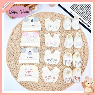 Set Mũ Kèm Bao Tay Bao Chân BABY TOM Hình Thú Phối Tai Vải Petit Thun Lạnh Cho Bé 0-3 Tháng