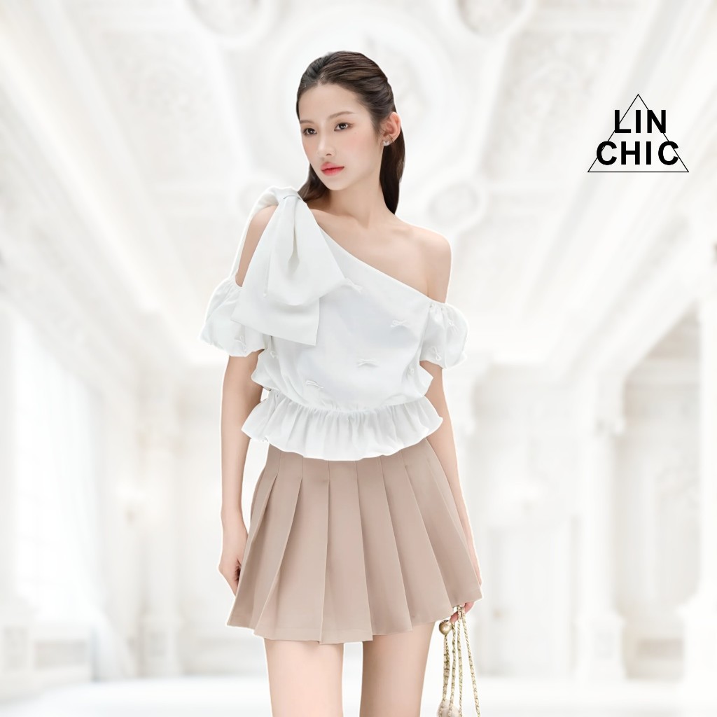 Áo kiểu nữ trễ vai tay ngắn đính nơ, áo thun lệch vai tay phồng tiểu thư Linly Store