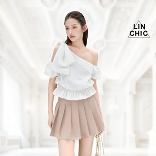 Áo kiểu nữ trễ vai tay ngắn đính nơ, áo thun lệch vai tay phồng tiểu thư Linly Store