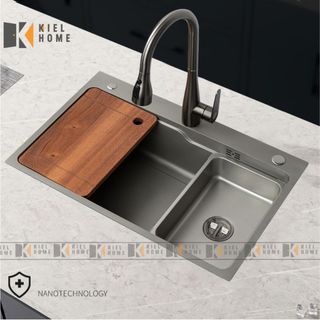 Chậu rửa bát 1hố inox SUS 304 cỡ lớn, bồn rửa chén 1 hốc , phủ nano xám chống bám bẩn bảo hành chính hãng 5 năm