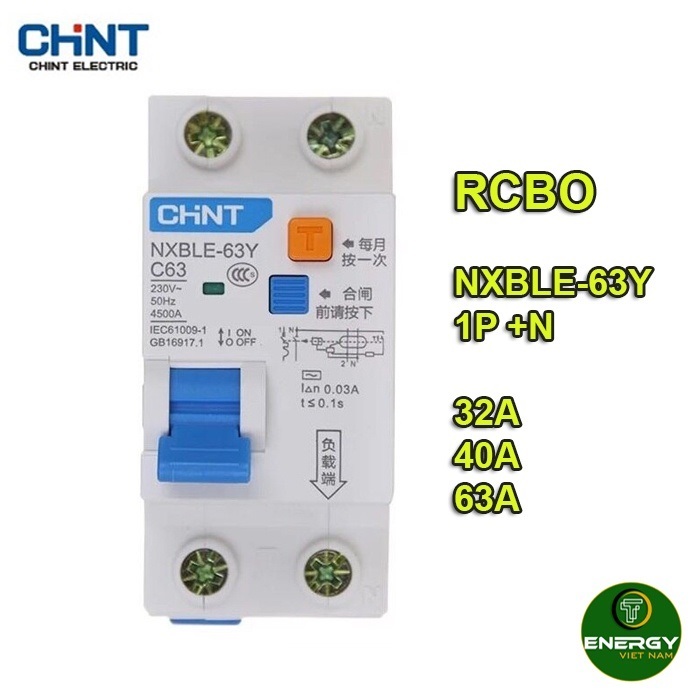 Thiết Bị Điện Energy - CHINT-NXBLE-63Y-6A-10A-16A-32A-63A-10MA-0-01A-RCBO-1P-N-230V- Chống Rò, Chống