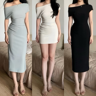 Đầm cát trễ vai dáng dài midi